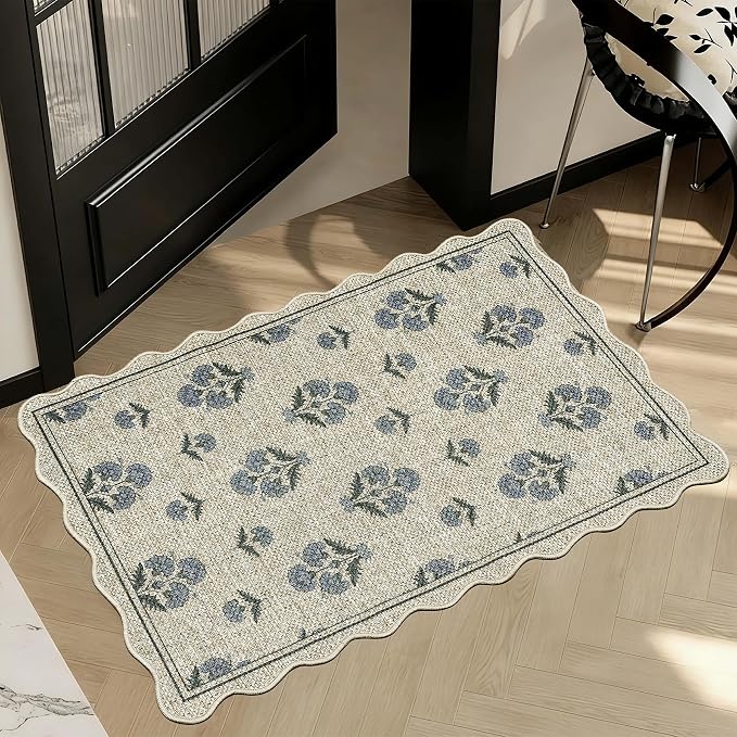 ORTIGIA Scalloped Easy Jute 2x3 Area Rug Vintage Blue Block Floral Farmhouse Washable Rug Non-Slip Indoor Outdoor Carpet for Living Room Bedroom Kitchen Patio Entryway