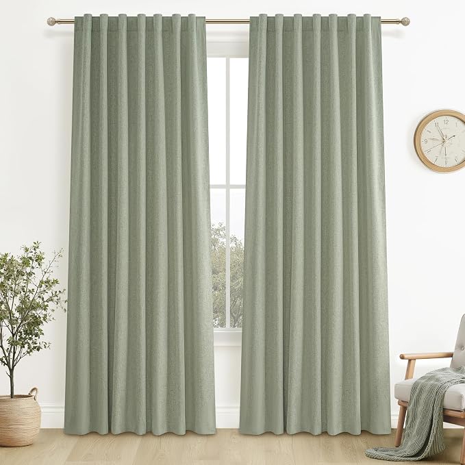 Sage Green Blackout Linen Curtains 90 Inches Long for Living Room Bedroom, Pleated Window Track Curtain with Pin Hooks Belt Boho Light Green Drapes Thermal Insulated (50"Wx90"Lx2Panels) Back Tab