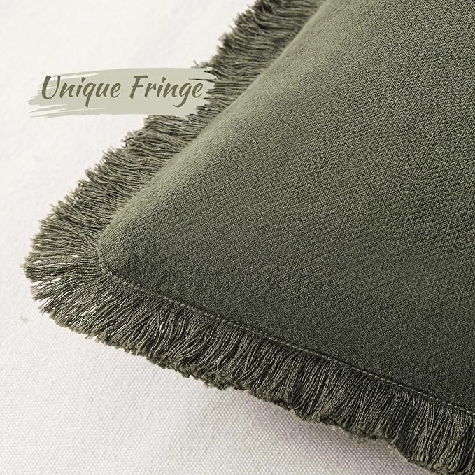 MIULEE Decorative Throw Pillow Covers Neutral Linen Fringe Throw Pillows Euro Shams Set of 2 Olive Green Boho Farmhouse Cushion Covers for Couch Sofa Bed Living Room Spring Home Decor 28x28 Inch
