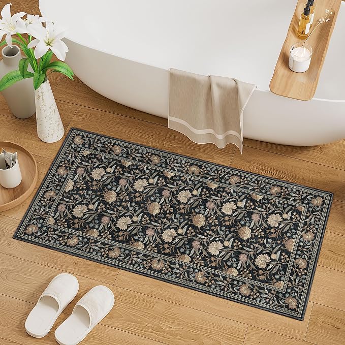 DUKINO 2x4 Rug, Washable Vintage Floral Entryway Rug Non Slip, Black | Low Pile, Non-Shedding, Stain Resistant Boho Lightweight Soft Indoor Carpet for Kitchen Bathroom Hallway Laundry Farmhouse
