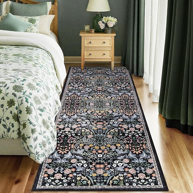 Runner Rug for Entryway: 2x5 Kitchen Rugs Non Slip Washable Ultra-Thin Soft Floral Carpet Indoor Floor Stain Resistant Carpets for Hallway Bedroom Kitchen Laundry Bathroom Dorm Dark Black