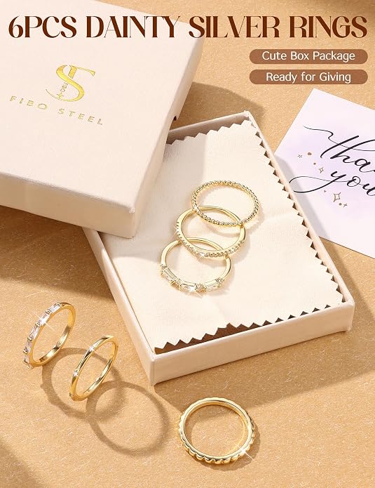FIBO STEEL Gold Rings for Women Non Tarnish Dainty Stackable Ring Set Hypoallergenic Cubic Zirconia Wedding Band Promise Bands for Her Women's Jewelry Size 5-10