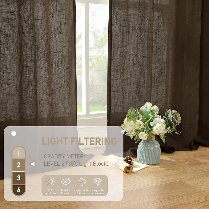 LAMIT Dark Brown Semi Sheer Linen Curtains 60 Inch, Light Filtering Neutral Window Panels Farmhouse Boho Back Tab and Rod Pocket Drapes for Bedroom, 2 Panels, 52 x 60 Inch