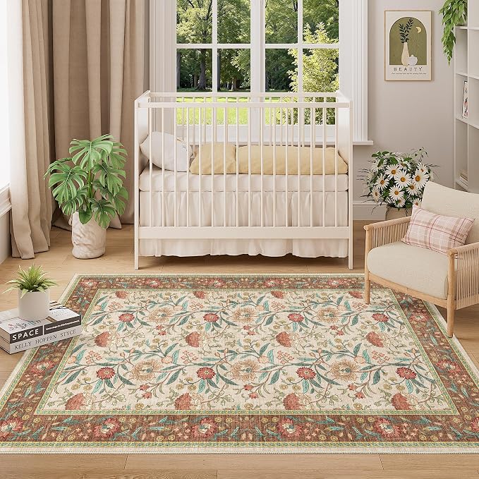 DUKINO 4x6 Area Rug, Washable Vintage Floral Rug for Living Room, Brown | Non Slip, Low Pile, Stain Resistant Boho Lightweight Soft Indoor Carpet for Bedroom Office Dining Room Entryway Farmhouse