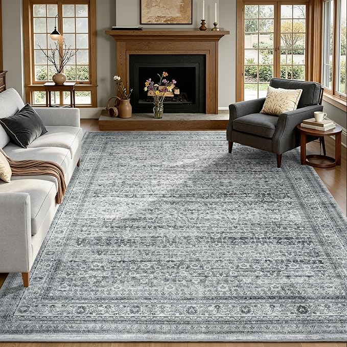 8x10 Washable Area Rugs for Living Room Bedroom, Non-Slip Large Rugs | Vintage Distressed Retro; Low Pile; Stain Resistant; Neutral Boho Carpet for Dining Room, Nursery, Home Office; Foggy Grey