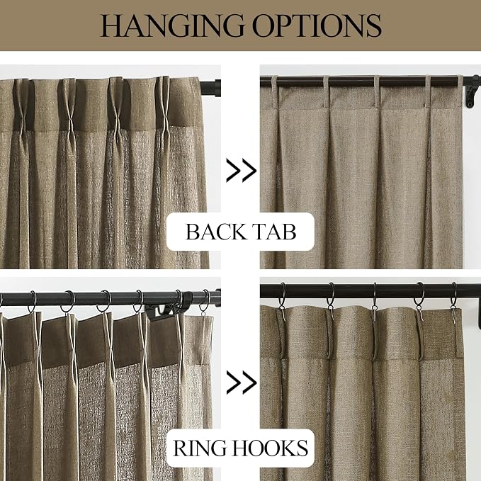 Vision Home Brown Pinch Pleated Semi Sheer Curtains Textured Linen Blended Light Filtering Window Curtains 84 inch for Living Room Bedroom Pinch Pleat Drapes with Hooks 2 Panels 40" Wx84 L