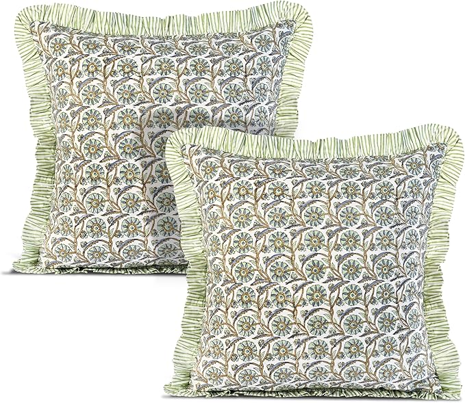 Ridhi Block Print Bloom Bubbles Throw Pillow Cover 18" x 18" (Pack of 2) Decorative Cushion Covers with Ruffle for Couch, Sofa, Bed, Living Room, Home Decor Gift for Spring, Easter, Valentine