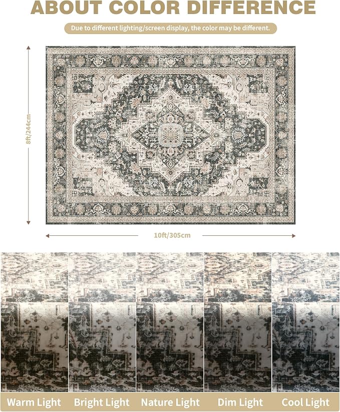 Roxstand 8x10 Washable Area Rugs, Vintage Living Room Rug, Black/Beige | Low Pile with Non-Slip Backing, Stain Resistant, Pet and Kid Friendly, Carpet for Bedroom, Dining Room