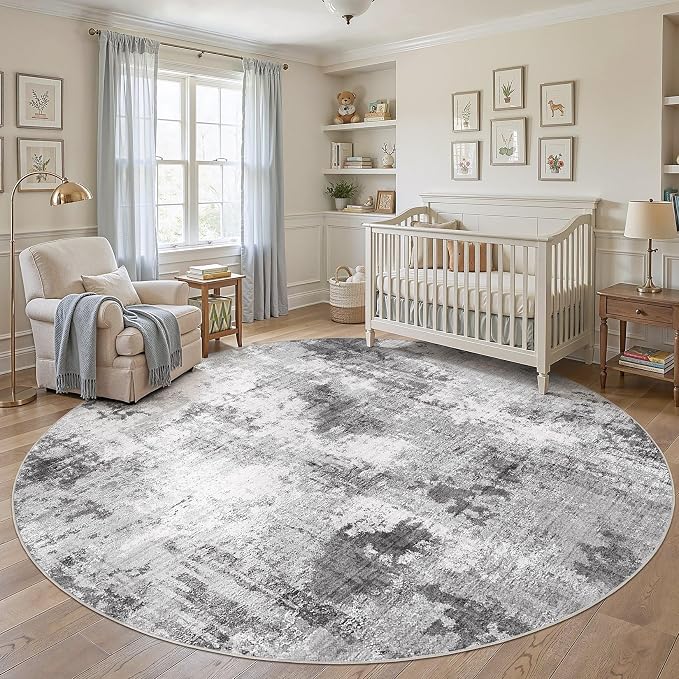 Abstract 10FT Round Rug: Machine Washable Non Slip Ultra Thin Low-Pile Carpet, Soft Stain Resistant for Living Dining Room Bedroom, Kid Pet Friendly, Robot Vacuum Compatible - Grey