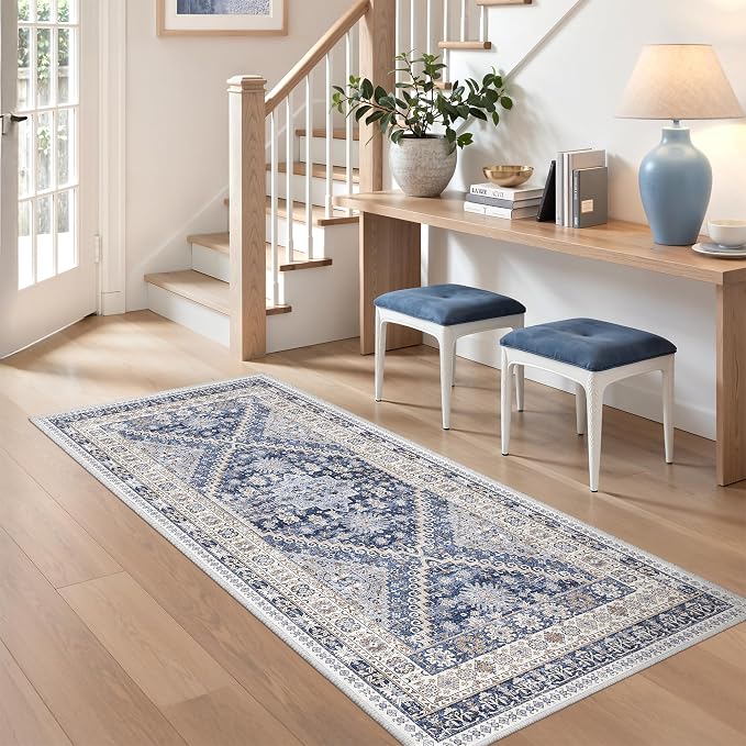 zesthome 2x4 Washable Rug Runner for Bathroom, Soft Entryway Rug for Laundry Room, Kitchen, Vintage Abstract Hallway Runner for Bedroom, Anti-Slip Door Mat Indoor Entrance(Blue/Beige,2'x4')