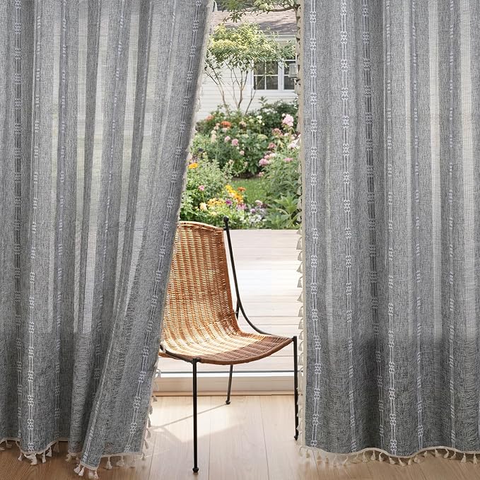 ColorBird Boho Curtains Linen-Textured for Bedroom Living Room Light Filtering 84 Inches Grey Farmhouse Curtains & Drapes Embroidered Striped for Closet Dining Dooraway Window Treatment