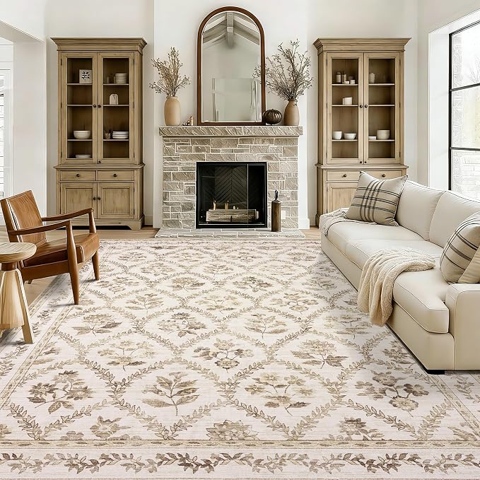 Area Rug Tan 6x9 Boho Floral Washable Area Rug Non Slip Carpet Floor Indoor for Living Room, Machine Washable Floor Covering for Geust Bedroom, Brown Counrty Floral for Dining Room
