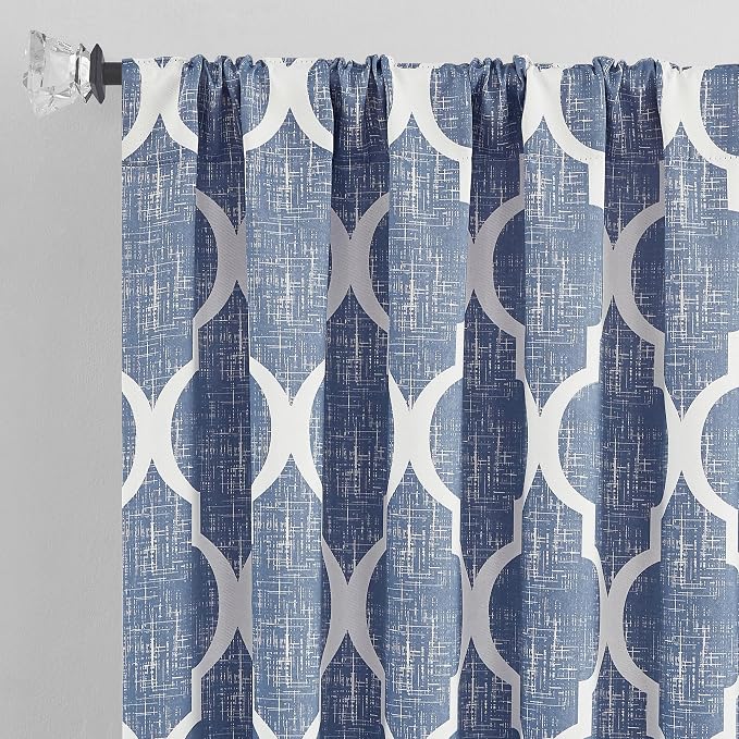 Beauoop Moroccan 100% Blackout Curtains Bedroom Blue 50x96 2 Panels | Geometric Room Darkening Drapes for Living Room 84 Inch Long Thermal Insulated Soundproof Lattice Window Treatment Rod Pocket