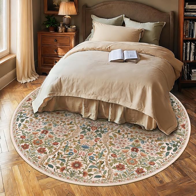 Round Rug 8ft Beige Washable Floral Circle Rug,Vintage Boho Botanical Round Area Rugs, Non-Slip Soft Low-Pile Circular Carpet for Bedroom,Kids Room,College Dorm,Home Decor
