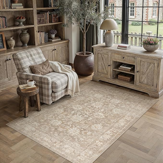 HUGEAR 5x7 Area Rug Beige Machine Washable Rug Room Decor Vintage Distressed Living Room Rugs Non Slip Low Pile Soft Carpet for Bedroom Office Dining Room Soft Lightweight
