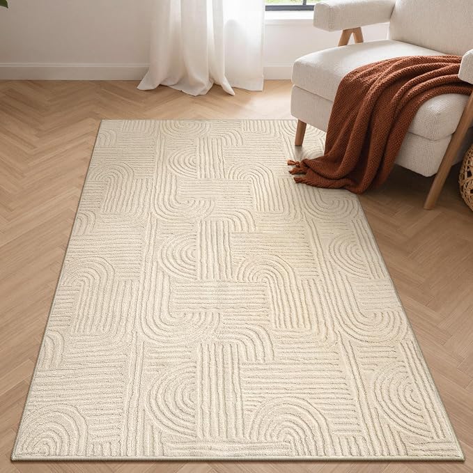 GENIMO Soft Washable Area Rugs 3x5, 3D Modern Arch Design Living Room Rug, High-Low Pile Textured Non Slip Fuzzy Shag Carpet, Non-Shedding Stain Resistant Beige Carpet for Bedroom, Entryway, Nursery
