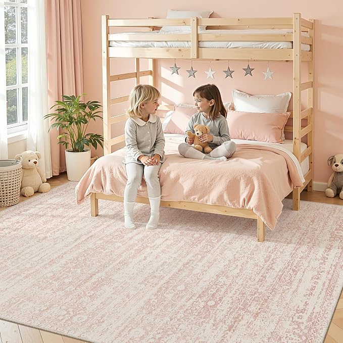 Soalmost Pink 8x10 Area Rugs for Baby Girl Nursery, Washable Soft Rugs | Vintage Floral Non-Slip Low Pile Throw Carpet for Living Room Dining Room Bedroom Kids Playroom 8'x10'