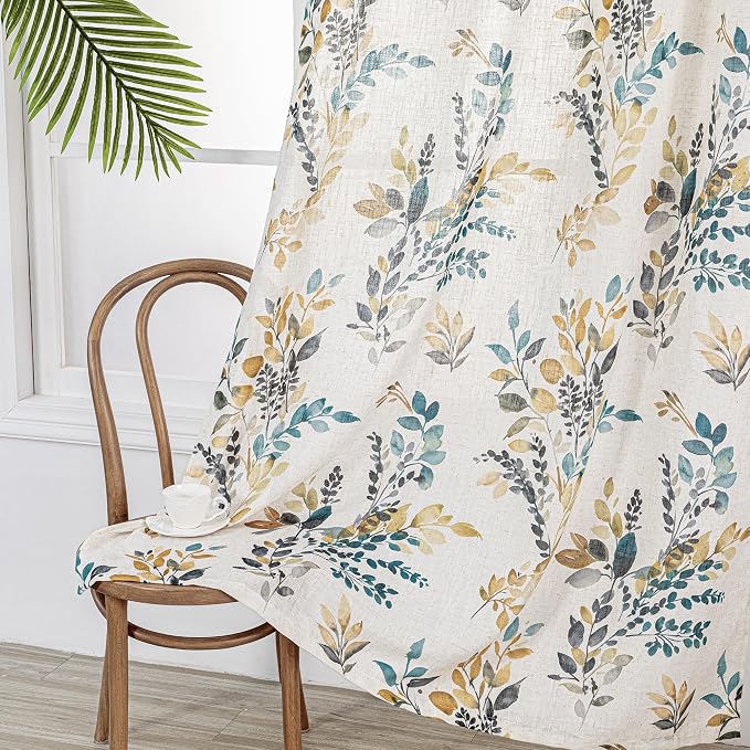 MYSKY HOME Curtains for Living Room Semi Sheer 84 inch Length Light Filtering Privacy Protect Drapes Set Linen Blended Texture Soft Touch Leaves Pattern Treatment, 52" Wide, Yellow and Blue, 2 Panels