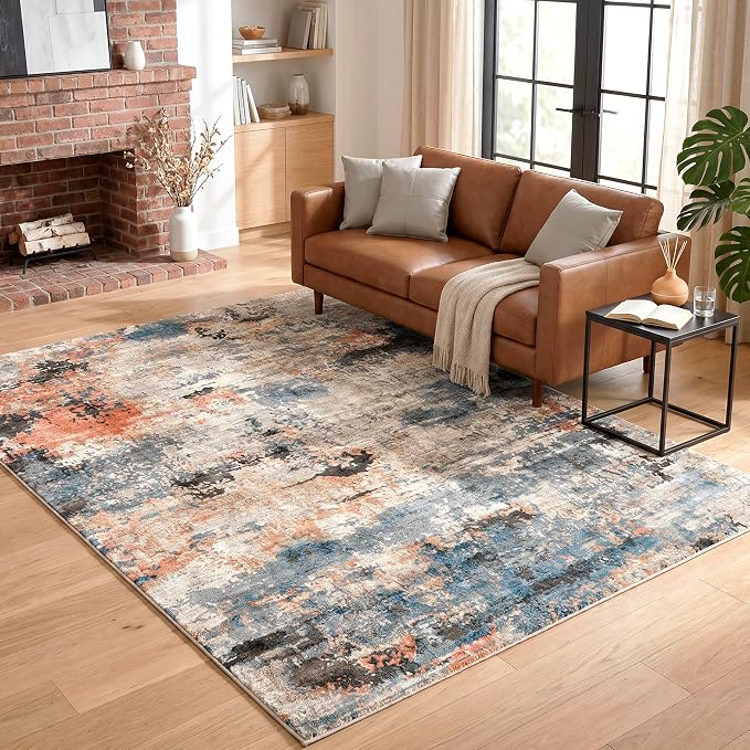 6'x9' Washable Rugs for Living Room, Modern Abstract Distressed Large Carpet, Water Resistant 0.3 Inch Low Pile Floor Mat for Dining Room Bedroom Office, Terracotta Blue