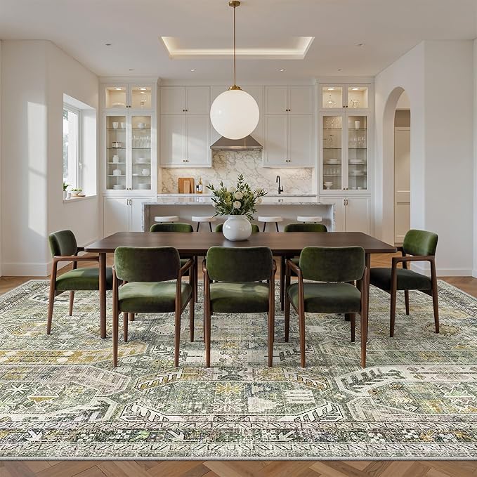 befbee Washable Rug 8x10 Area Rugs for Living Room - Stain Resistant Non-Slip Backing Rugs for Bedroom - Vintage Large Area Rug (Green/Gold, 8'x10')
