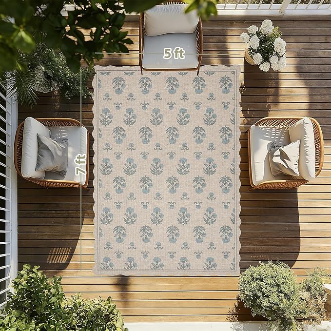 ORTIGIA Scalloped Easy Jute 5x7 Area Rug Vintage Blue Floral Farmhouse Washable Non-Slip Indoor Outdoor Carpet for Living Room Bedroom Patio Entryway
