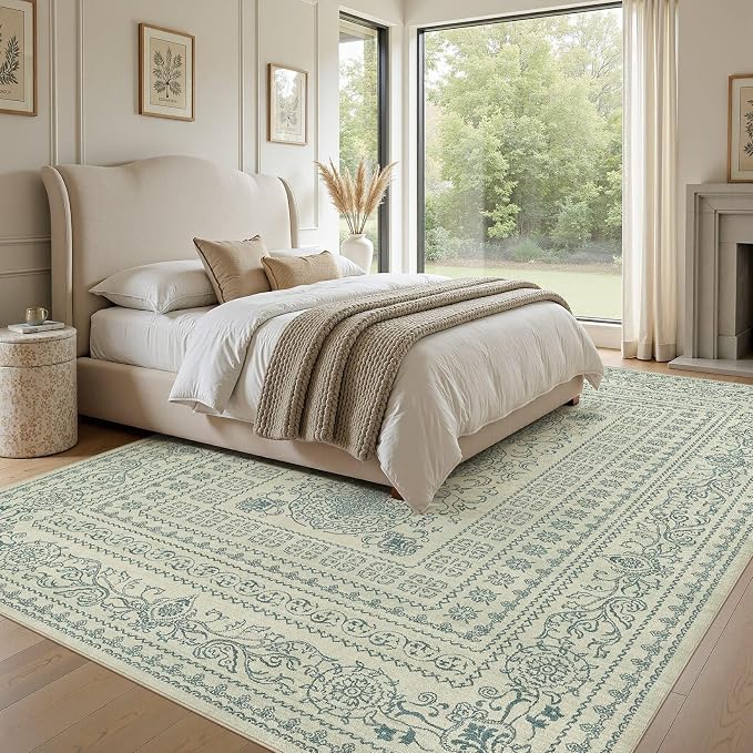 Nakagishi 5x7 Area Rugs Living Room: Washable Large Vintage Rug Neutral Non-Slip Soft Stain Resistant Indoor Carpet for Bedroom Nursery Dining Room Office Playroom - Forest Green