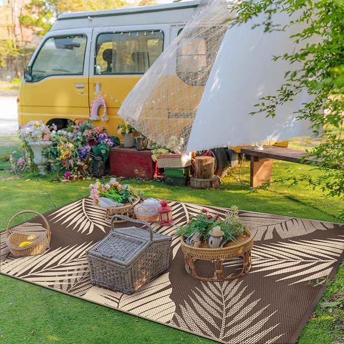 GENIMO Outdoor Rug, Waterproof Plastic Rugs for Patio, 9'x12' Coffee Beige | Outside Larger Leaf Carpet Mat for Porch Decor, Deck, Balcony, Camping, RV, Backyard, Picnic, Beach, Reversible, Foldable