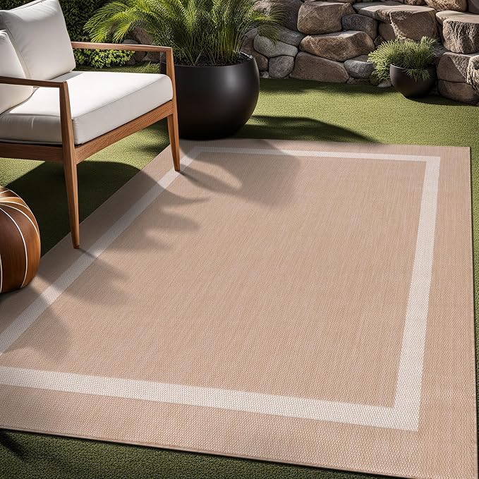 Luul Home Bordered Outdoor Rug 6x9 Washable Outside Carpet for Indoor Patio Porch Waterproof Easy Cleaning Non Shedding Area Rugs Beige 6 x 9