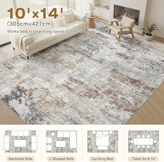 DMOYEST 10x14 Area Rug for Living Room, Washable & Non Slip Large Indoor Carpet, Kid & Pet Friendly Soft Thin Low Pile Abstract Rug for Bedroom and Office - Grey/Orange/Yellow