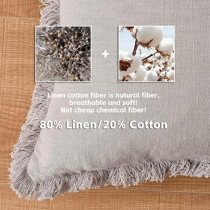 AmHoo Pack of 2 Linen Pillow Covers with Tassels Fringed Decorative Rustic Natural Throw Pillowcase Cushion for Couch Sofa Bedroom 18 x 18-Inch Light Grey
