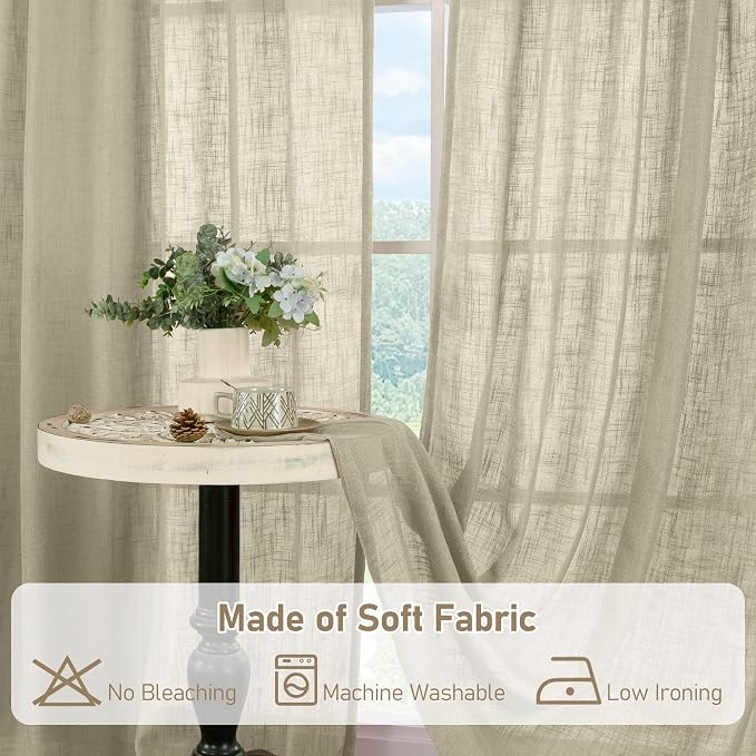 LAMIT Semi Sheer Window Linen Curtains 54 Inch, Light Filtering Panels Back Tab and Rod Pocket Country Decor Drapes for Bedroom/Farmhouse, Oatmeal, 2 Panels, 34 x 54 Inch
