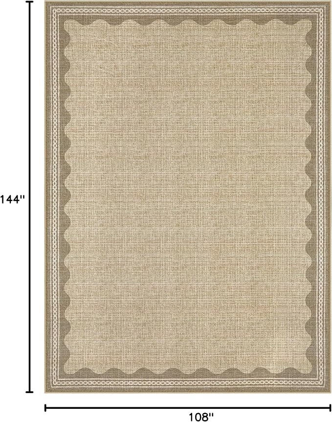 GarveeHome Scalloped Washable Rugs 9x12 Rug for Living Room Non-Slip Solid Tan Jute Digital Printing Modern 9 x 12 Rug Low-Pile Carpet for Bedroom Dining Nursery Mat with Rubber Back