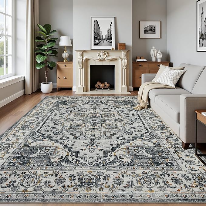 Joydeco 8x10 Area Rugs for Living Room, Non Slip Machine Washable Vintage Rug, Low Pile Thin Chenille Print Rugs for Bedroom, Dining Room, Pet & Child Friendly, Home Office, White&Light Gray&Dark Gray