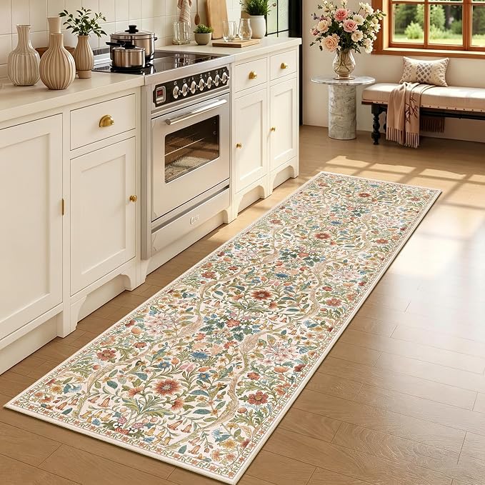 2x6 Washable Runner Rug, Beige Floral Boho Area Rug for Hallway, Low-Pile Non-Slip Stain Resistant Carpet for Kitchen, Bedside, Laundry Room, Entryway