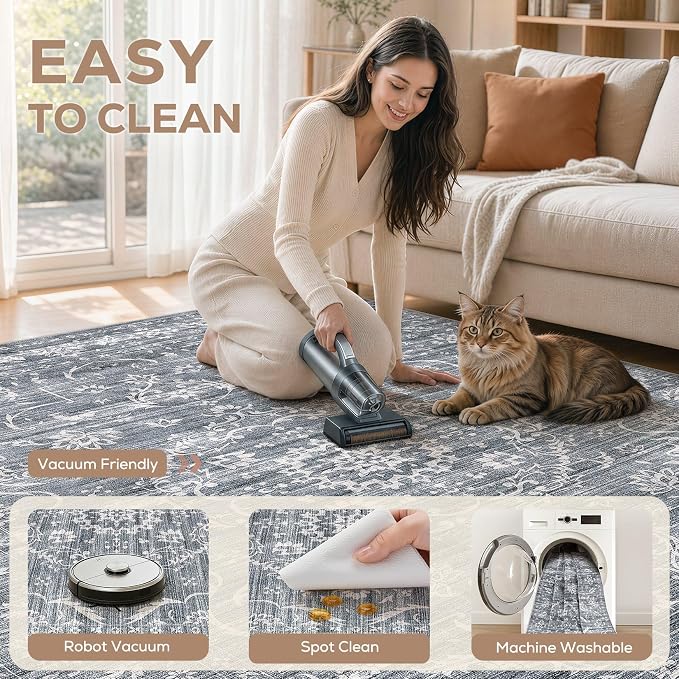Nakagishi 10x14 Area Rugs Living Room: Washable Large Vintage Rug Neutral Non-Slip Soft Stain Resistant Indoor Carpet for Bedroom Nursery Dining Room Office Playroom - Retro Blue