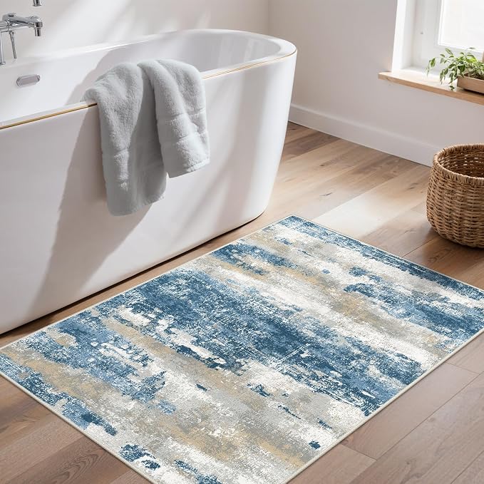 GENIMO 2x3 Rugs for Entryway, Washable Bathroom Kitchen Rugs Non Slip, Modern Abstract Soft Small Area Rug Indoor, Low Pile Throw Carpet, Sky Blue