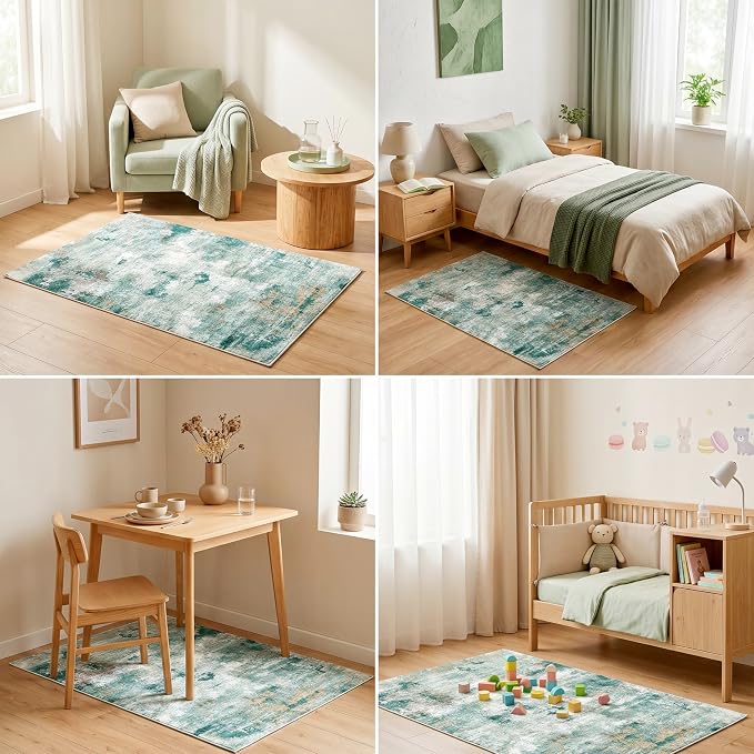 Stain Resistant Abstract Area Rug, 0.3" Low Pile, Non-Slip Cotton-Backed with Silicone Backing, Boho Bedroom Living Room Decor, 3'x5', Sage Green