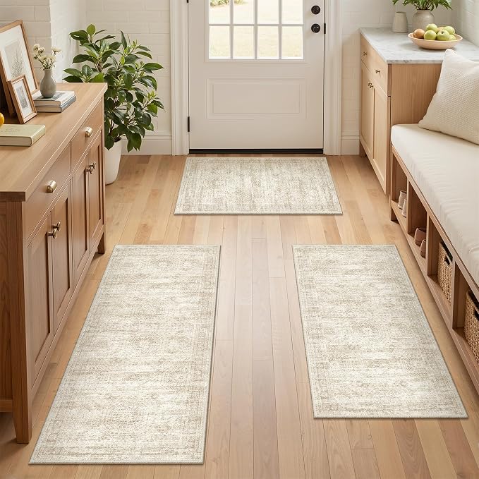 Kitchen Rugs Sets of 3, 2x3 2x4 2x5 Rug Runner,Beige | 3 Piece Washable Rug for Hallway,Entryway,Bedroom,Dining Room,Thin,Soft Runner Rug,Stain Resistant Indoor Carpet,Non Slip
