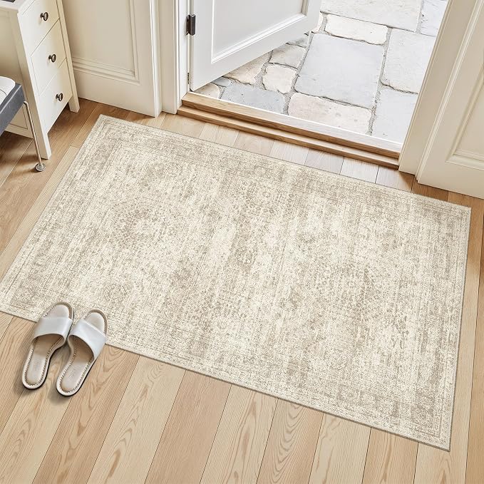 Soalmost 3x4 Rug, Small Area Rug for Kitchen, Entryway, Machine Washable Non-Slip Throw Rug, Vintage Carpet for Nursery Coffee Table Beige