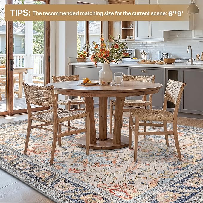 Bavni Washable Rug-6x9 Area Rugs for Bedroom Non-Slip, Ultra Thin Low Pile Living Room Rug, Modern Printed Decorative Rug for Dinning Room Office, Teal/Multi