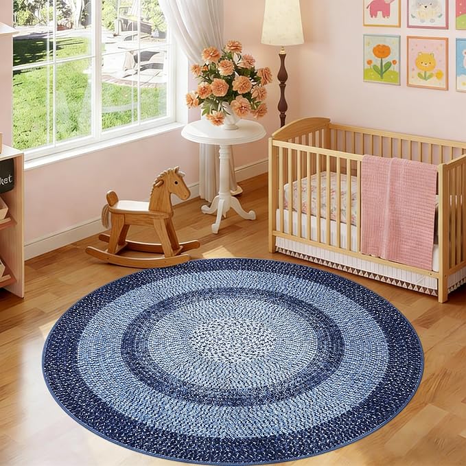 Modern Bordered Round Area Rug 4ft Washable Bedroom Circle Rugs Non Slip Stain Resistant Dining Room Round Throw Carpet Contemporary Circle Mats for Living Room Kitchen Nursery, Navy