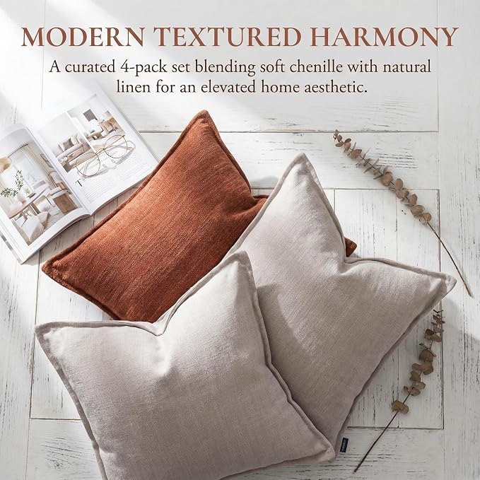 12x20 Inches Throw Pillow Covers Set of 4 Soft Textured Chenille Decorative Cushion Cases for Couch Sofa Bed Modern Farmhouse Neutral Accent Covers with Hidden Zipper Beige Orange
