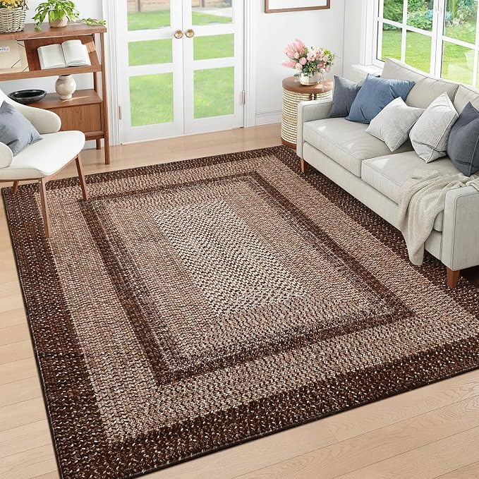 RUGSREAL Boho Rug 4x6 for Bedroom Machine Washable Rug Braided Print Floor Cover Indoor Non Slip Throw Carpet Farmhouse Rustic Accent Rug Moroccan Carpet for Living Room Home Decor, Brown