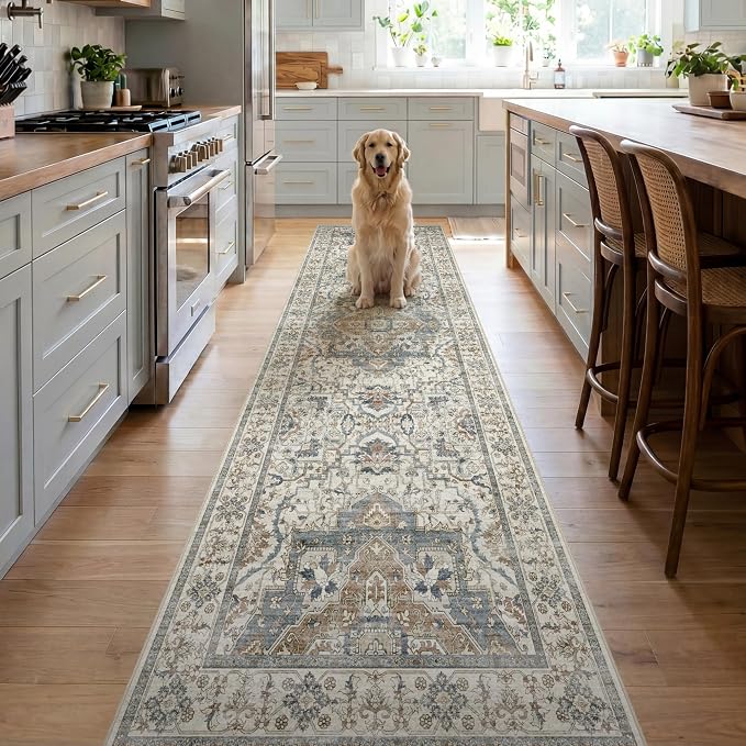 3x10 Non Slip Hallway Runner Rug - Washable Vintage Distressed Kitchen Carpet, Ultra-Thin Soft Low Pile Entryway Mat with Rubber Backing for Bedroom Living Room (Beige/Blue)