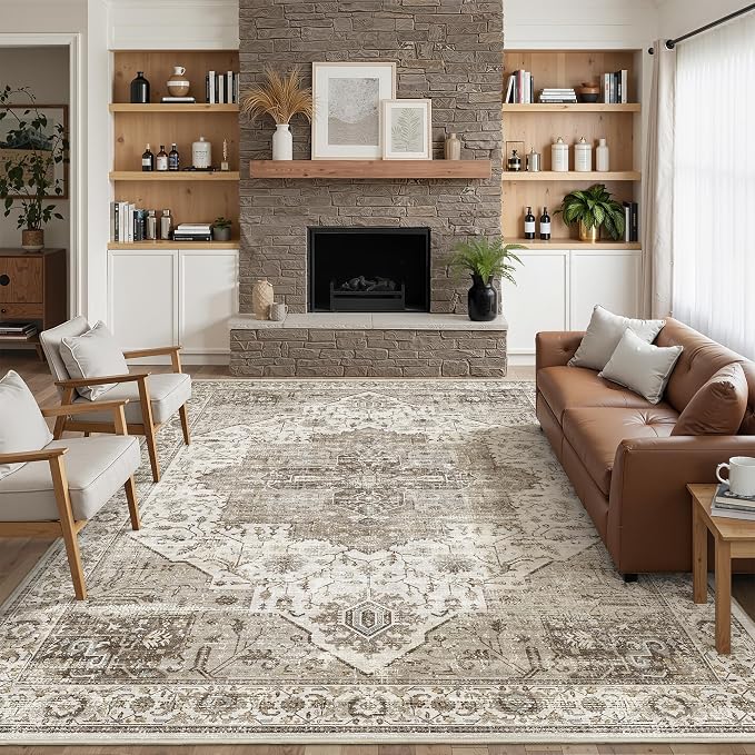 Roxstand 8x10 Washable Area Rug, Large Non Slip Rug, White/Brown | Non-slip Backing, Low-Pile Carpet, Stain Resistant,Rugs for Living Room,Bedroom, Dining Room, Office