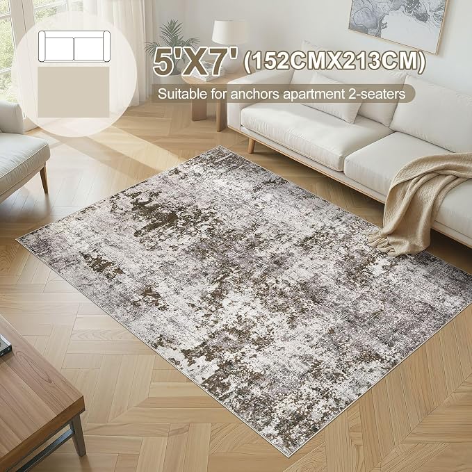 DMOYEST 5x7 Area Rug - Washable & Non Slip Indoor Rug for Living Room, Kid & Pet Friendly Abstract Low Pile Soft Carpet for Bedroom and Dining Room - Dark Brown