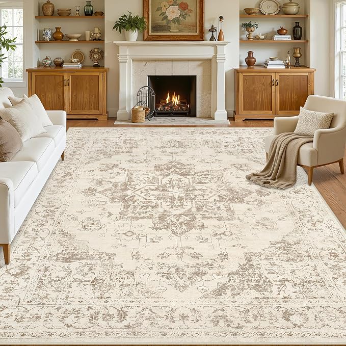 10x14 Area Rug for Living Room: Vintage Boho Neutral Washable Rug Indoor Soft Large Area Rug Carpet for Bedroom Nursery Farmhouse Dining Room Office Floor Non-Slip Low Pile Under Table Rug Beige/Ivory