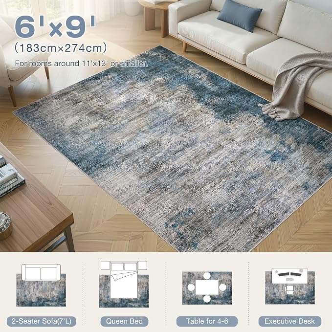 DMOYEST 6x9 Area Rug - Washable & Non Slip Indoor Rug for Living Room, Kid & Pet Friendly Abstract Low Pile Soft Carpet for Bedroom and Dining Room - Dark Grey