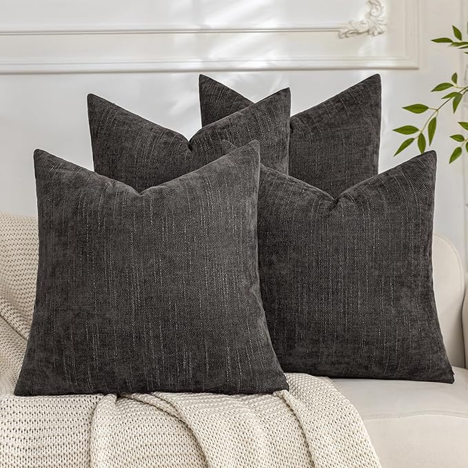 Set of 4 Soft Textured Decorative Throw Pillow Covers 24x24 Inch Cozy Farmhouse Cushion Cover Square Accent Pillow Cases for Bed Couch Sofa Living Room, Dark Grey