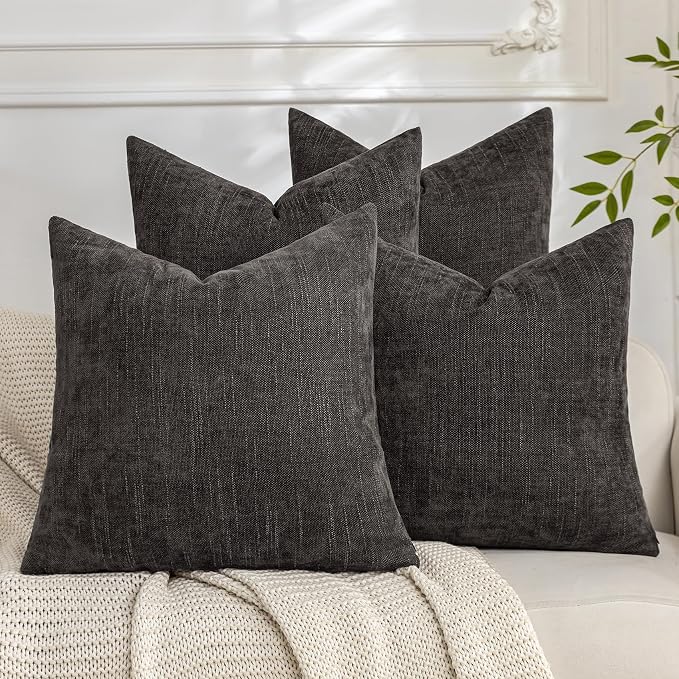 Set of 4 Soft Textured Decorative Throw Pillow Covers 16x16 Inch Cozy Farmhouse Cushion Cover Square Accent Pillow Cases for Bed Couch Sofa Living Room, Dark Grey